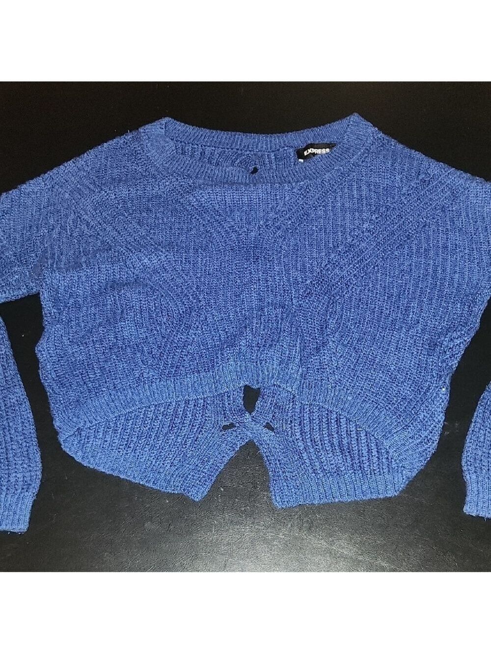 Express Vibrant Blue Lace Up Back Cropped Loose Fit Crew Neck Sweater Xs